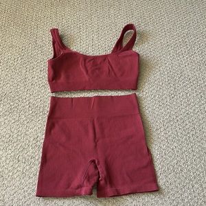 Workout set (maroon), including both the top and shorts. Size large in both